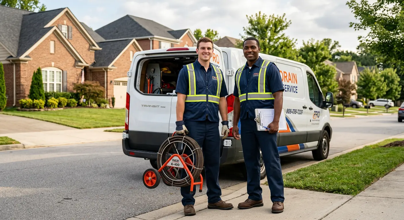 Sewer and drain service team with equipment ready for work in Ferndale