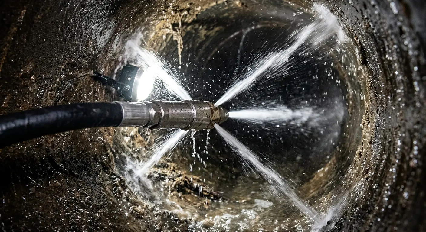 High-pressure hydro jetting nozzle cleaning sewer pipe for Sewer Cleanout in Ferndale