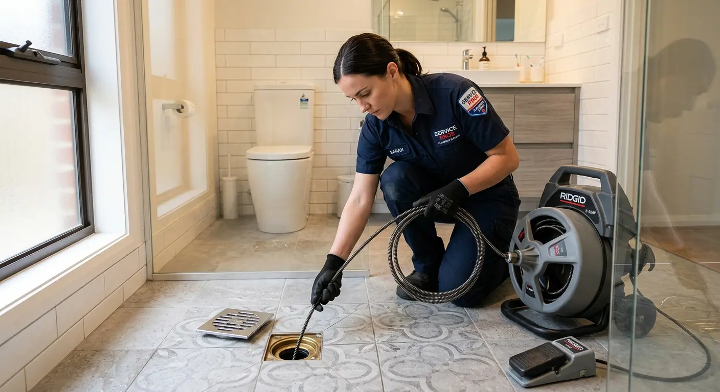 Technician clearing a bathroom floor drain for Drain Repair in Ferndale